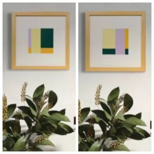 Pair Original Paintings Signed Artist Framed 11x11” Modern Abstract Green Purple